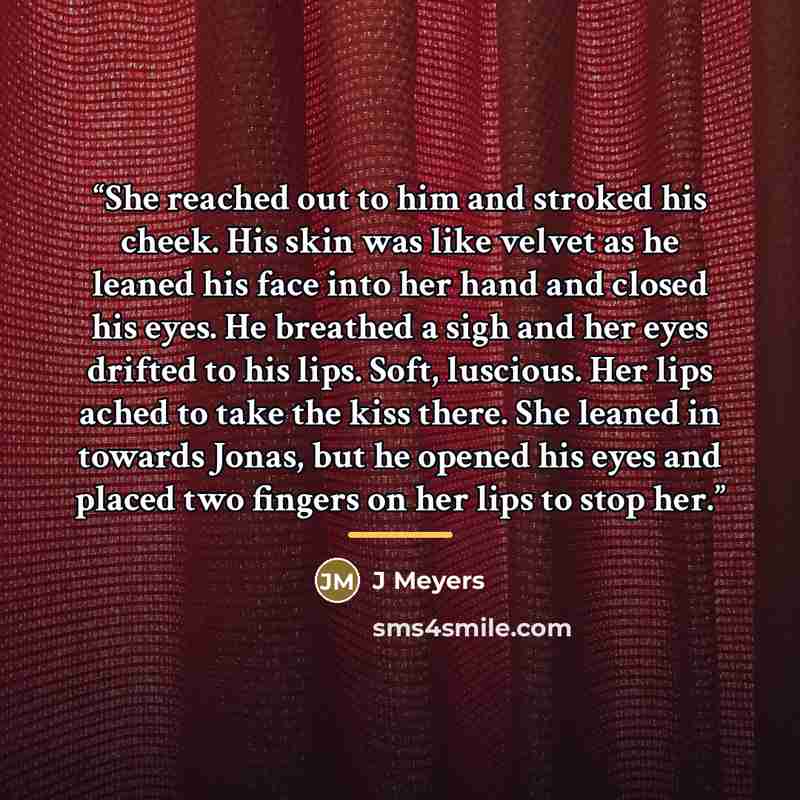 “She reached out to him and stroked his cheek. His skin was like velvet as he leaned his face into her hand and closed his eyes. He breathed a sigh and her eyes drifted to his lips. Soft, luscious. Her lips ached to take the kiss there. She leaned in towards Jonas, but he opened his eyes and placed…” quote by J Meyers