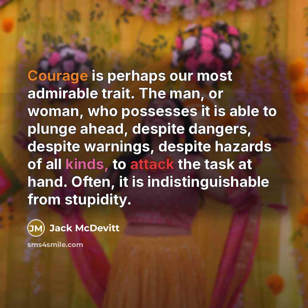 “Courage is perhaps our most admirable trait. The man, or woman, who possesses it is able to plunge ahead, despite dangers, despite warnings, despite hazards of all kinds, to attack the task at hand. Often, it is indistinguishable from stupidity.” quote by Jack McDevitt