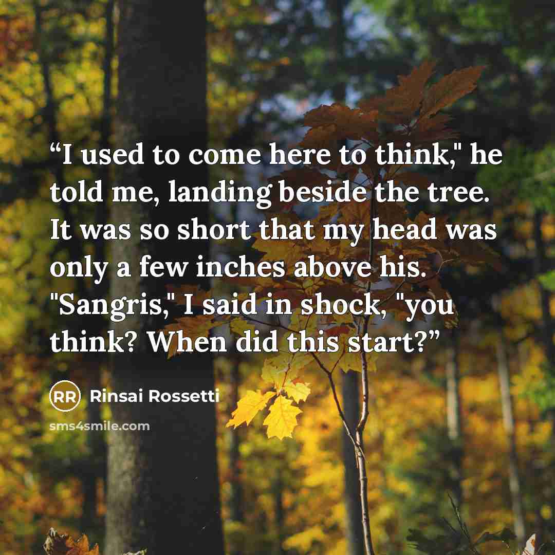 “I used to come here to think," he told me, landing beside the tree. It was so short that my head was only a few inches above his. "Sangris," I said in shock, "you think? When did this start?” quote by Rinsai Rossetti