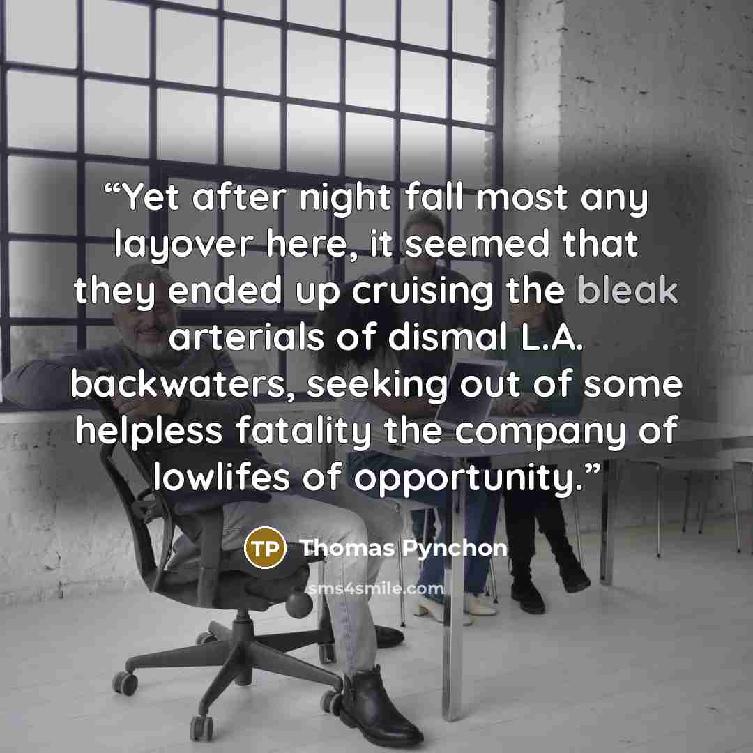“Yet after night fall most any layover here, it seemed that they ended up cruising the bleak arterials of dismal L.A. backwaters, seeking out of some helpless fatality the company of lowlifes of opportunity.” quote by Thomas Pynchon