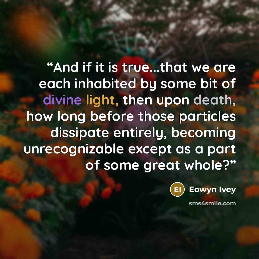 “And if it is true...that we are each inhabited by some bit of divine light, then upon death, how long before those particles dissipate entirely, becoming unrecognizable except as a part of some great whole?” quote by Eowyn Ivey