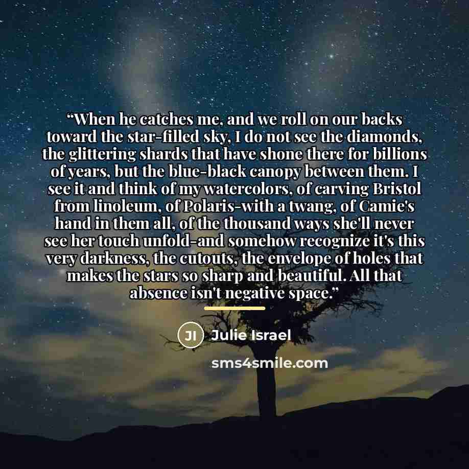 “When he catches me, and we roll on our backs toward the star-filled sky, I do not see the diamonds, the glittering shards that have shone there for billions of years, but the blue-black canopy between them. I see it and think of my watercolors, of carving Bristol from linoleum, of Polaris-with a…” quote by Julie Israel