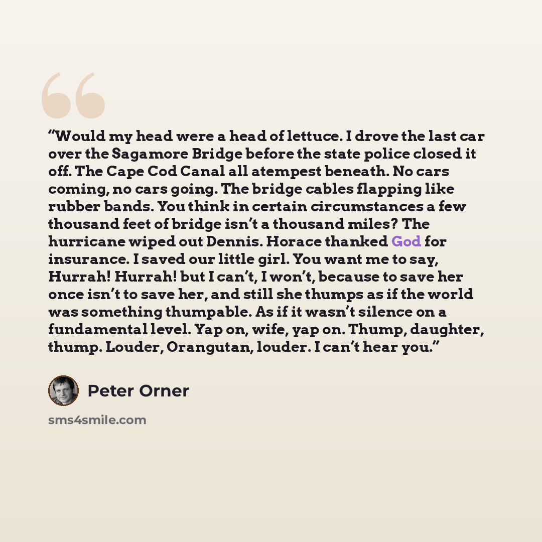 “Would my head were a head of lettuce. I drove the last car over the Sagamore Bridge before the state police closed it off. The Cape Cod Canal all atempest beneath. No cars coming, no cars going. The bridge cables flapping like rubber bands. You think in certain circumstances a few thousand feet of…” quote by Peter Orner