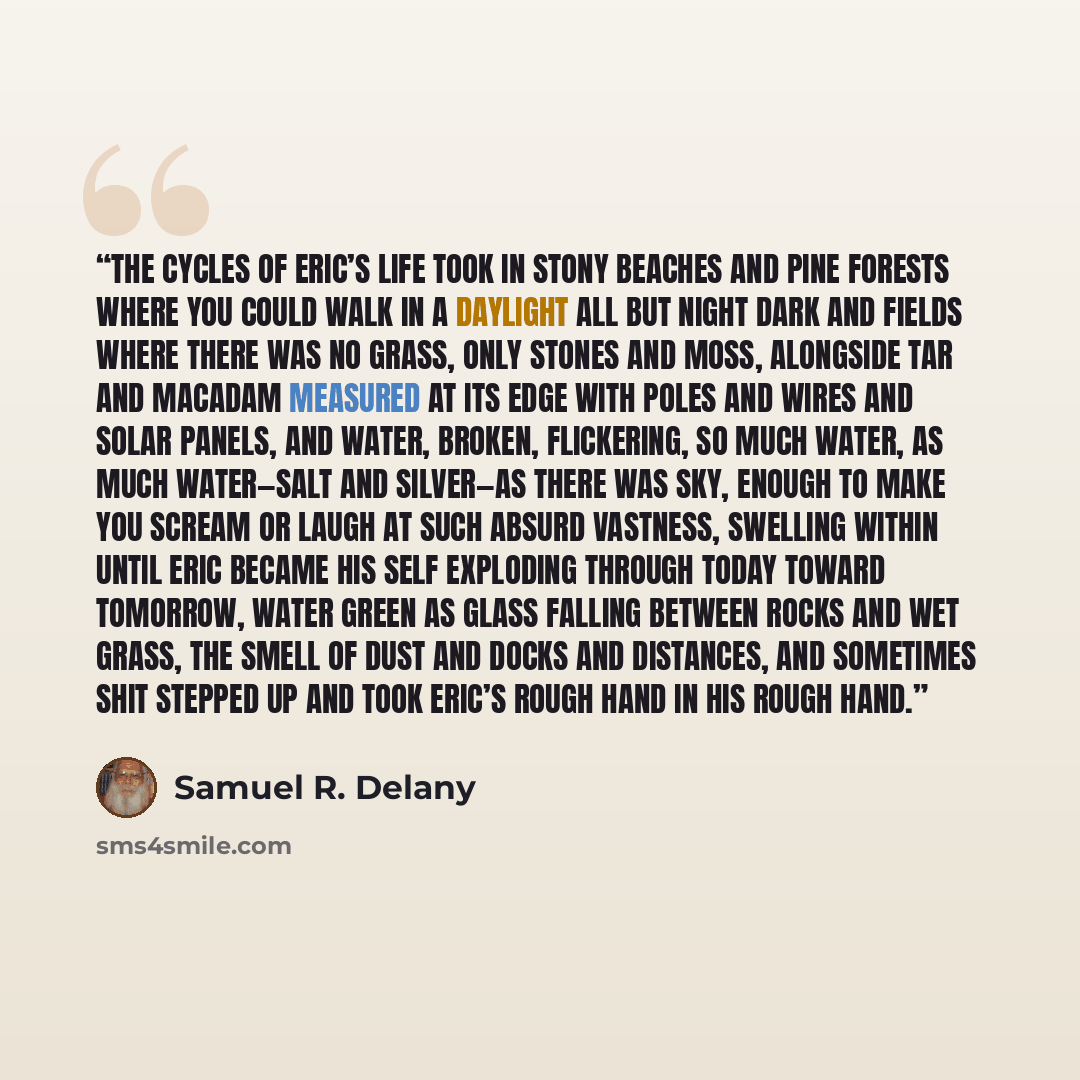 “The cycles of Eric’s life took in stony beaches and pine forests where you could walk in a daylight all but night dark and fields where there was no grass, only stones and moss, alongside tar and macadam measured at its edge with poles and wires and solar panels, and water, broken, flickering, so…” quote by Samuel R. Delany