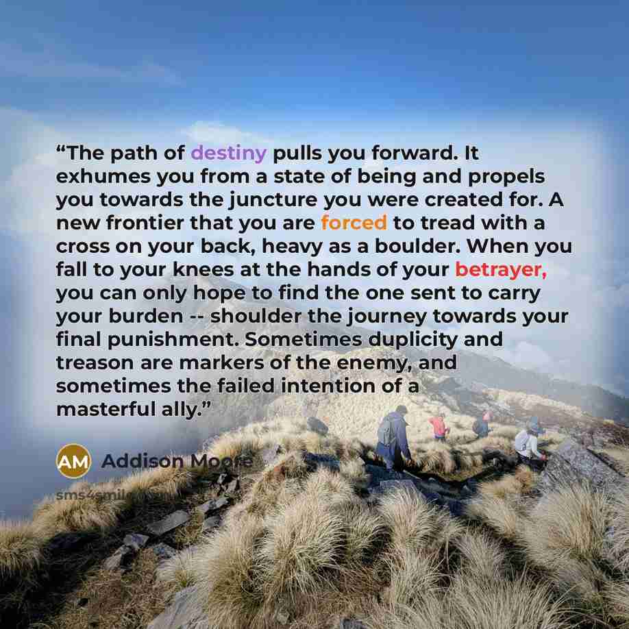 “The path of destiny pulls you forward. It exhumes you from a state of being and propels you towards the juncture you were created for. A new frontier that you are forced to tread with a cross on your back, heavy as a boulder. When you fall to your knees at the hands of your betrayer, you can only…” quote by Addison Moore