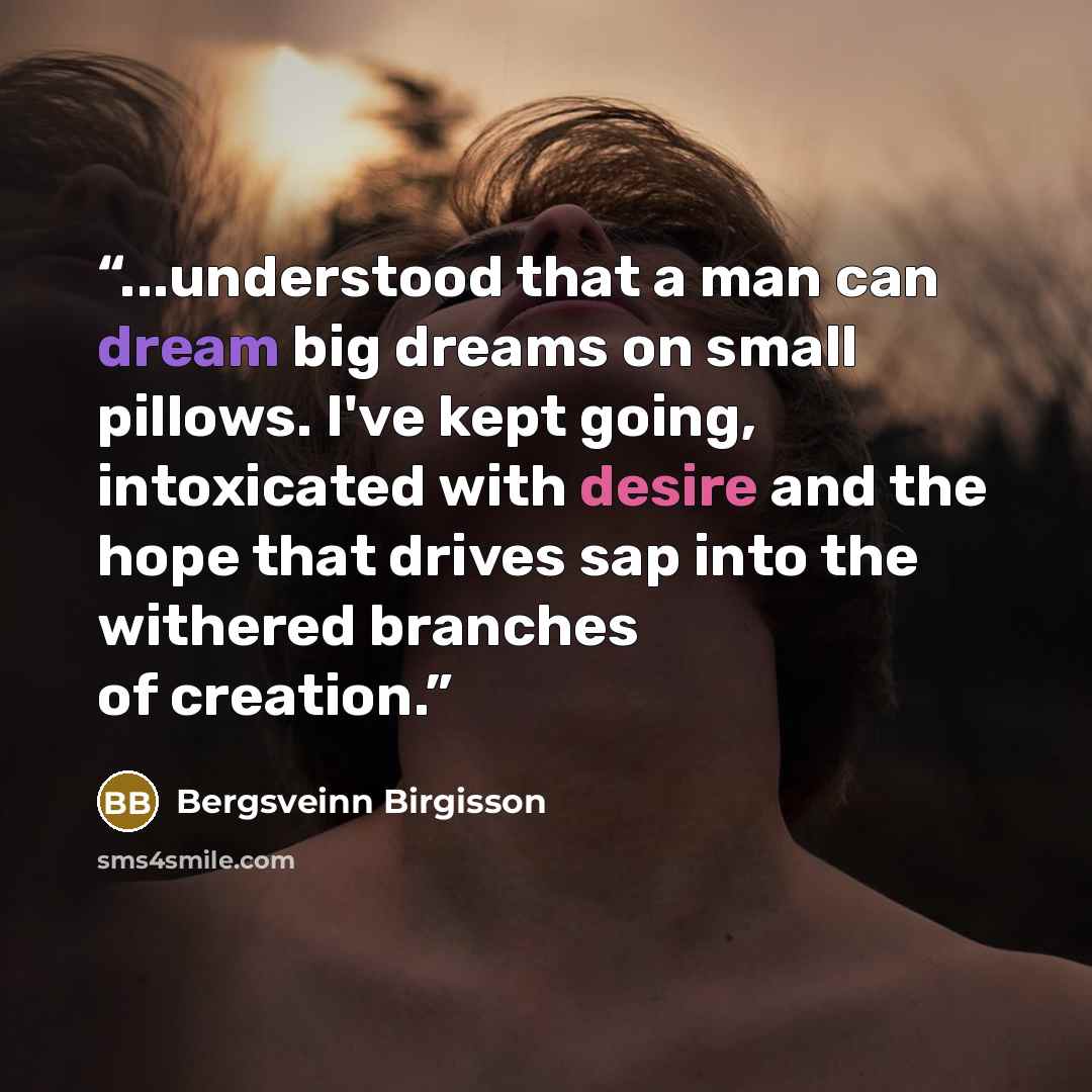 “...understood that a man can dream big dreams on small pillows. I've kept going, intoxicated with desire and the hope that drives sap into the withered branches of creation.” quote by Bergsveinn Birgisson
