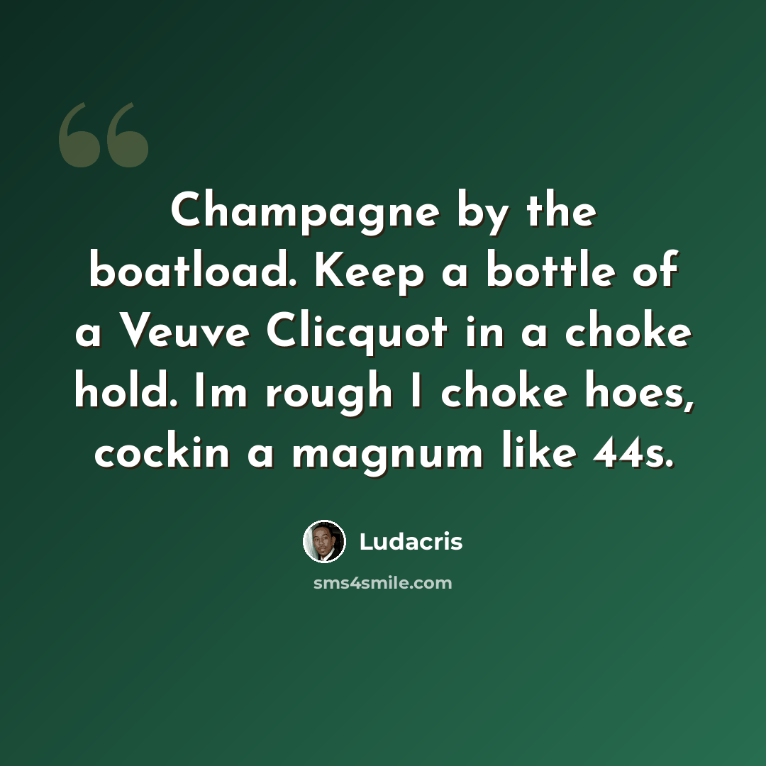 “Champagne by the boatload. Keep a bottle of a Veuve Clicquot in a choke hold. Im rough I choke hoes, cockin a magnum like 44s.” quote by Ludacris