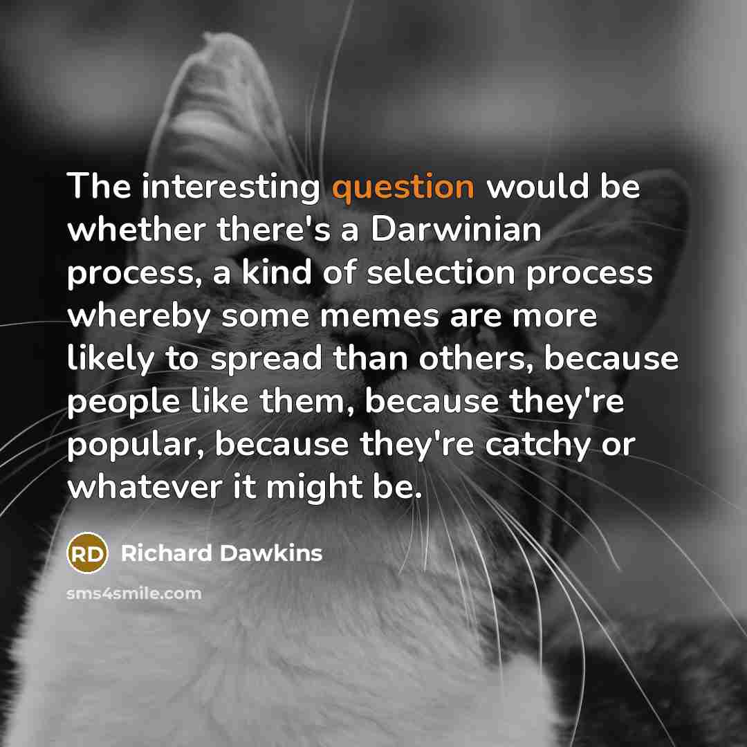 “The interesting question would be whether there's a Darwinian process, a kind of selection process whereby some memes are more likely to spread than others, because people like them, because they're popular, because they're catchy or whatever it might be.” quote by Richard Dawkins