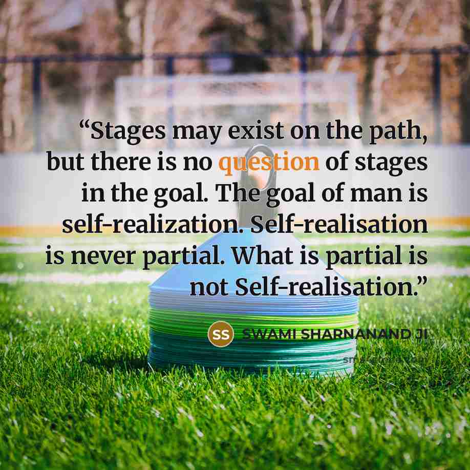 “Stages may exist on the path, but there is no question of stages in the goal. The goal of man is self-realization. Self-realisation is never partial. What is partial is not Self-realisation.” quote by SWAMI SHARNANAND JI