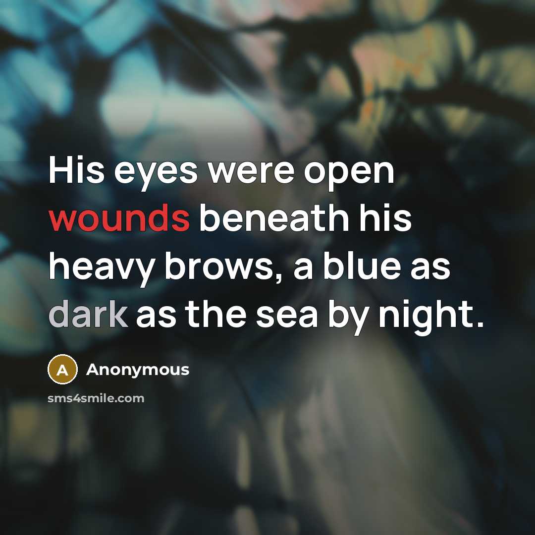 “His eyes were open wounds beneath his heavy brows, a blue as dark as the sea by night.” quote by Anonymous