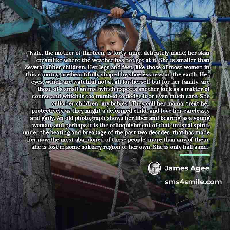“Kate, the mother of thirteen, is forty-nine; delicately made; her skin creamlike where the weather has not got at it. She is smaller than several of her children. Her legs and feet, like those of most women in this country, are beautifully shaped by shoelessness on the earth. Her eyes, which are…” quote by James Agee