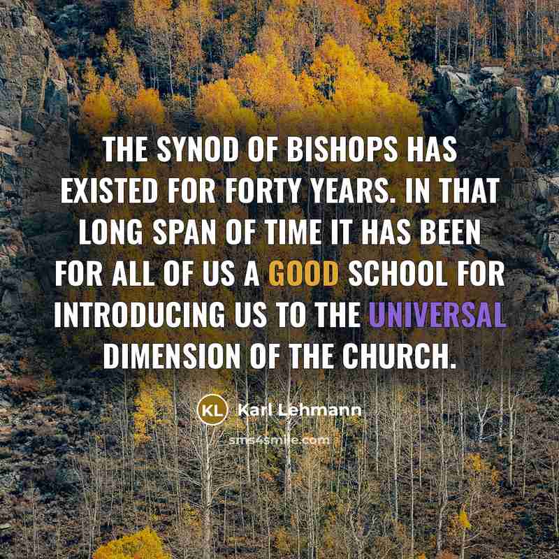 “The Synod of Bishops has existed for forty years. In that long span of time it has been for all of us a good school for introducing us to the universal dimension of the Church.” quote by Karl Lehmann