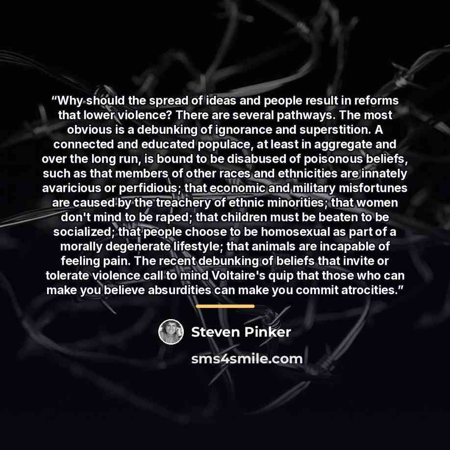 “Why should the spread of ideas and people result in reforms that lower violence? There are several pathways. The most obvious is a debunking of ignorance and superstition. A connected and educated populace, at least in aggregate and over the long run, is bound to be disabused of poisonous beliefs…” quote by Steven Pinker