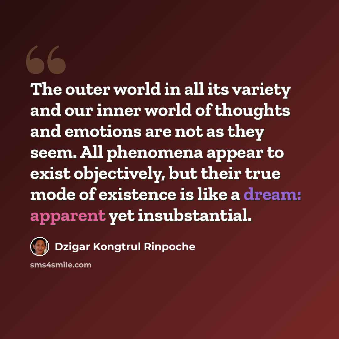 “The outer world in all its variety and our inner world of thoughts and emotions are not as they seem. All phenomena appear to exist objectively, but their true mode of existence is like a dream: apparent yet insubstantial.” quote by Dzigar Kongtrul Rinpoche