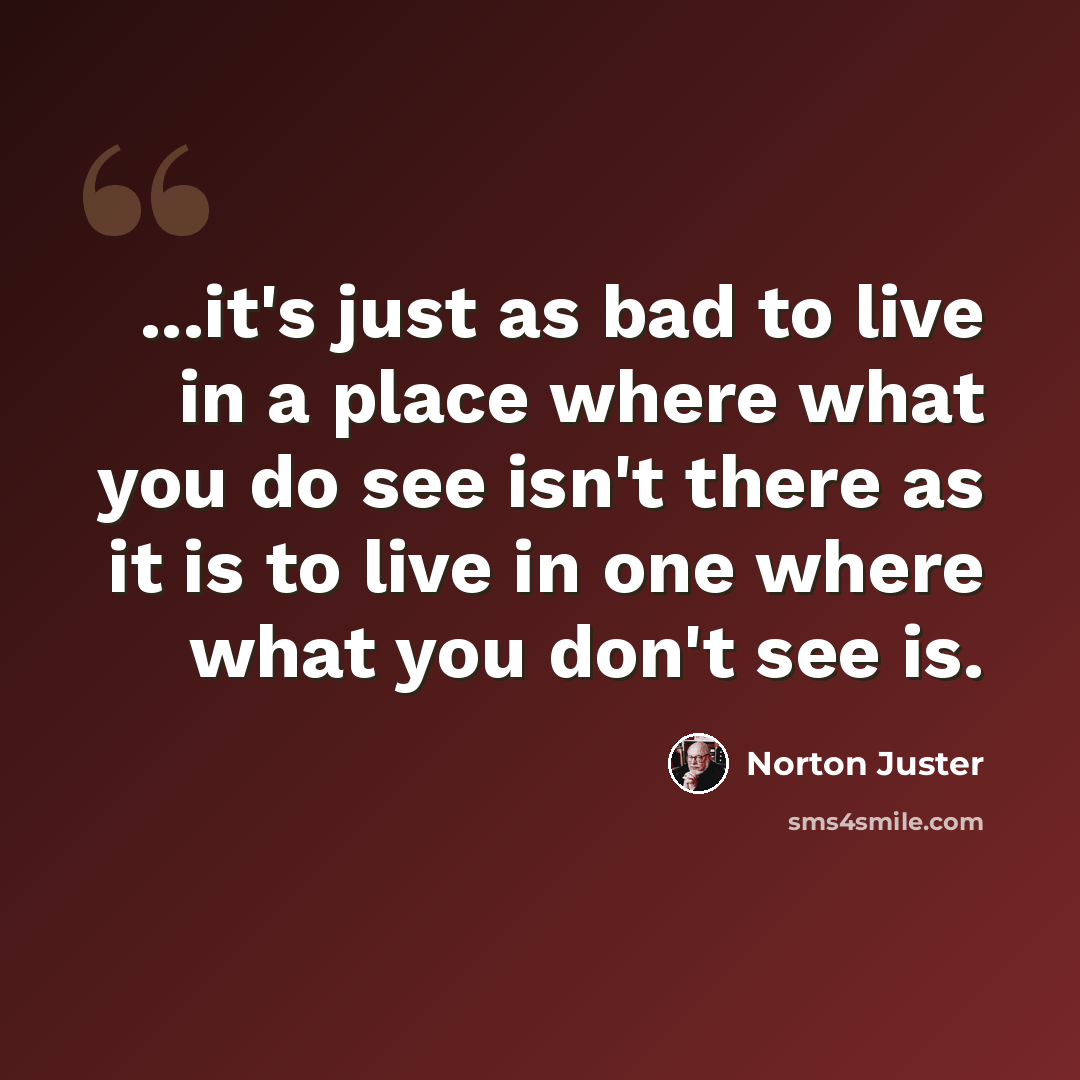 “...it's just as bad to live in a place where what you do see isn't there as it is to live in one where what you don't see is.” quote by Norton Juster