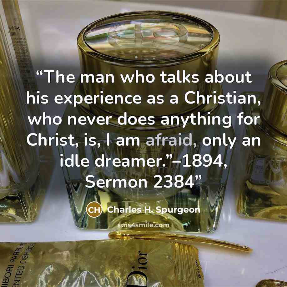 “The man who talks about his experience as a Christian, who never does anything for Christ, is, I am afraid, only an idle dreamer.”–1894, Sermon 2384” quote by Charles H. Spurgeon