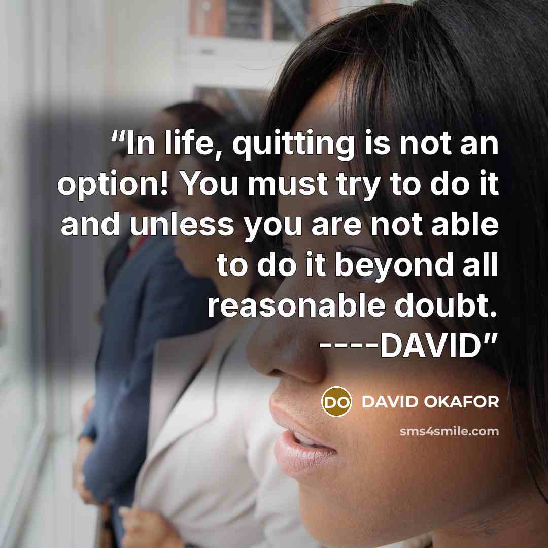 “In life, quitting is not an option! You must try to do it and unless you are not able to do it beyond all reasonable doubt. ----DAVID” quote by DAVID OKAFOR
