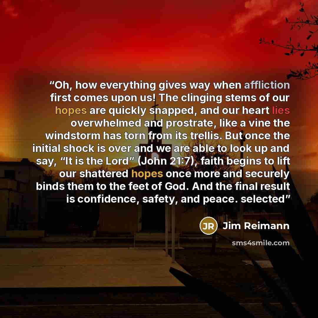 “Oh, how everything gives way when affliction first comes upon us! The clinging stems of our hopes are quickly snapped, and our heart lies overwhelmed and prostrate, like a vine the windstorm has torn from its trellis. But once the initial shock is over and we are able to look up and say, “It is…” quote by Jim Reimann
