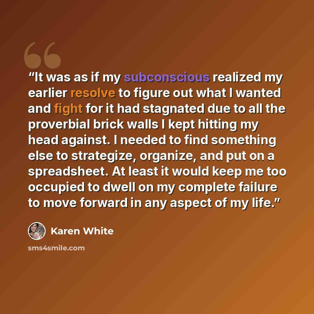“It was as if my subconscious realized my earlier resolve to figure out what I wanted and fight for it had stagnated due to all the proverbial brick walls I kept hitting my head against. I needed to find something else to strategize, organize, and put on a spreadsheet. At least it would keep me too…” quote by Karen White