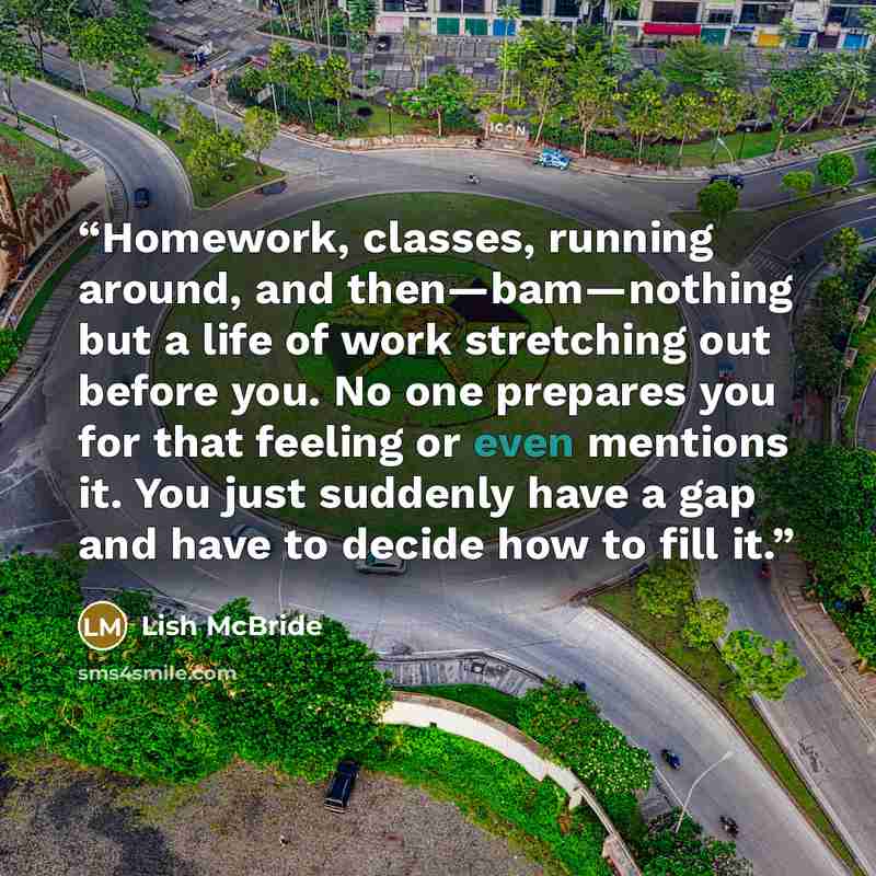 “Homework, classes, running around, and then—bam—nothing but a life of work stretching out before you. No one prepares you for that feeling or even mentions it. You just suddenly have a gap and have to decide how to fill it.” quote by Lish McBride