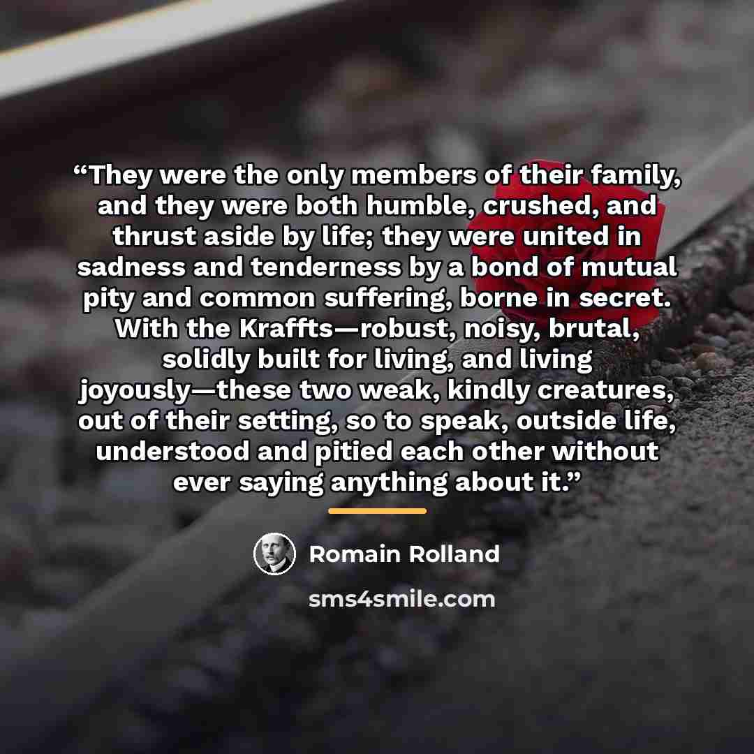 “They were the only members of their family, and they were both humble, crushed, and thrust aside by life; they were united in sadness and tenderness by a bond of mutual pity and common suffering, borne in secret. With the Kraffts—robust, noisy, brutal, solidly built for living, and living…” quote by Romain Rolland