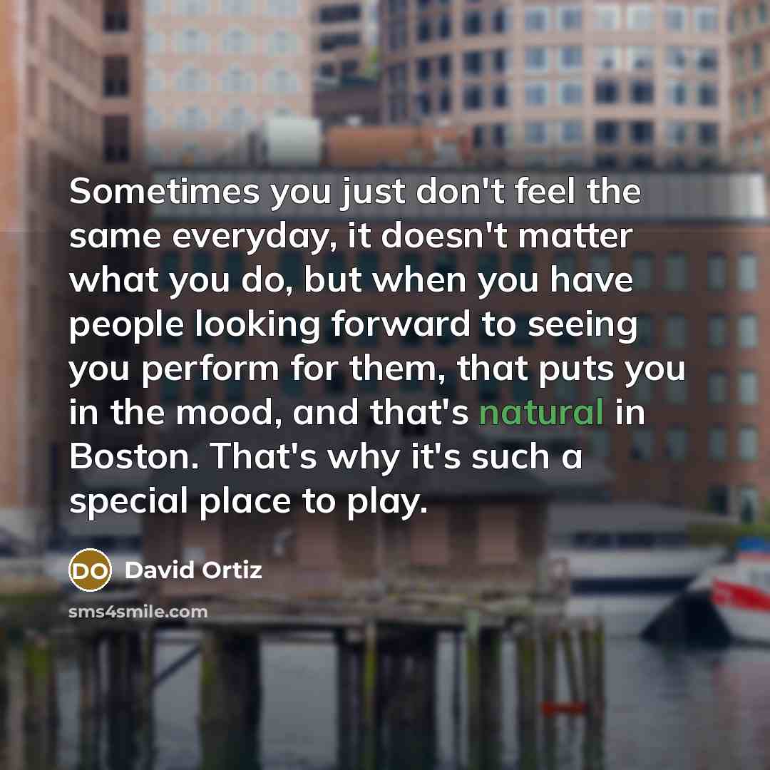 “Sometimes you just don't feel the same everyday, it doesn't matter what you do, but when you have people looking forward to seeing you perform for them, that puts you in the mood, and that's natural in Boston. That's why it's such a special place to play.” quote by David Ortiz