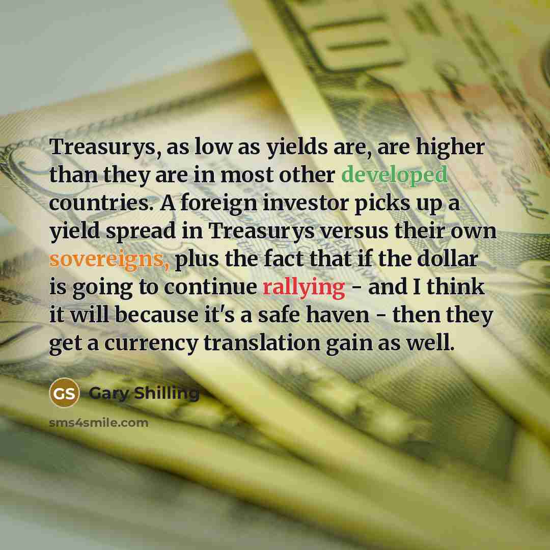 “Treasurys, as low as yields are, are higher than they are in most other developed countries. A foreign investor picks up a yield spread in Treasurys versus their own sovereigns, plus the fact that if the dollar is going to continue rallying - and I think it will because it's a safe haven - then…” quote by Gary Shilling