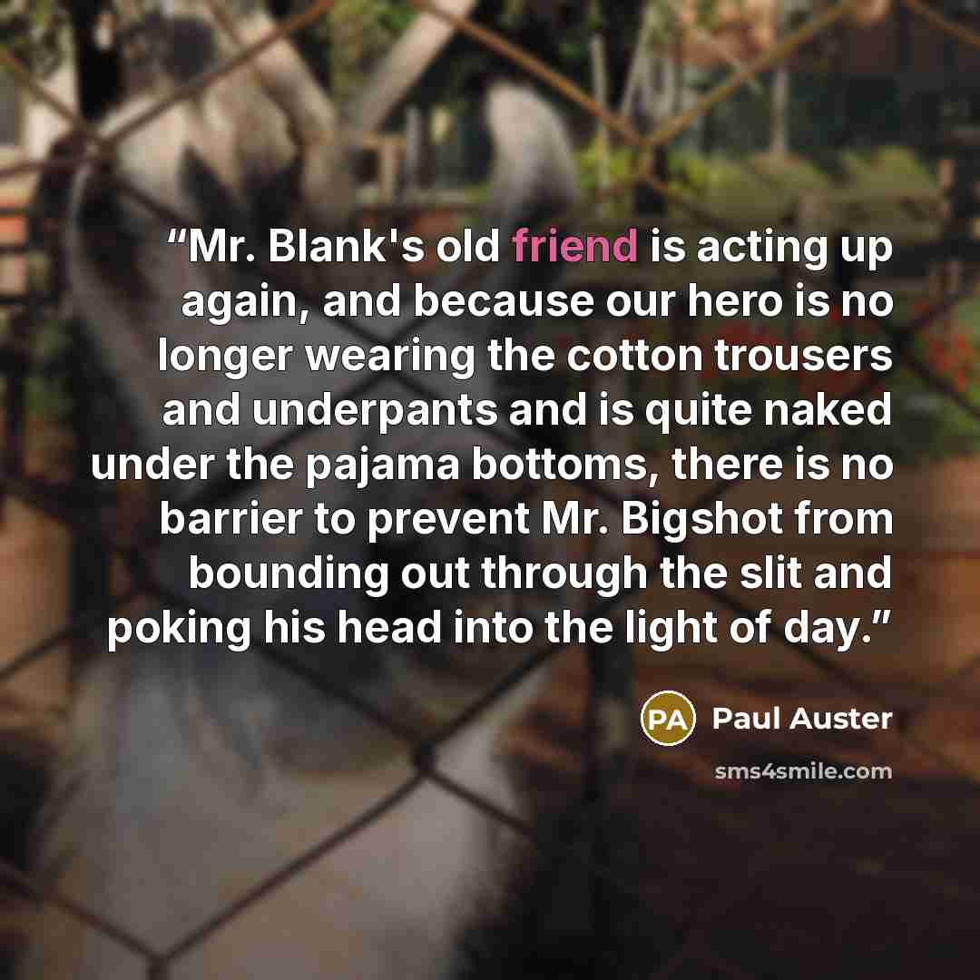 “Mr. Blank's old friend is acting up again, and because our hero is no longer wearing the cotton trousers and underpants and is quite naked under the pajama bottoms, there is no barrier to prevent Mr. Bigshot from bounding out through the slit and poking his head into the light of day.” quote by Paul Auster