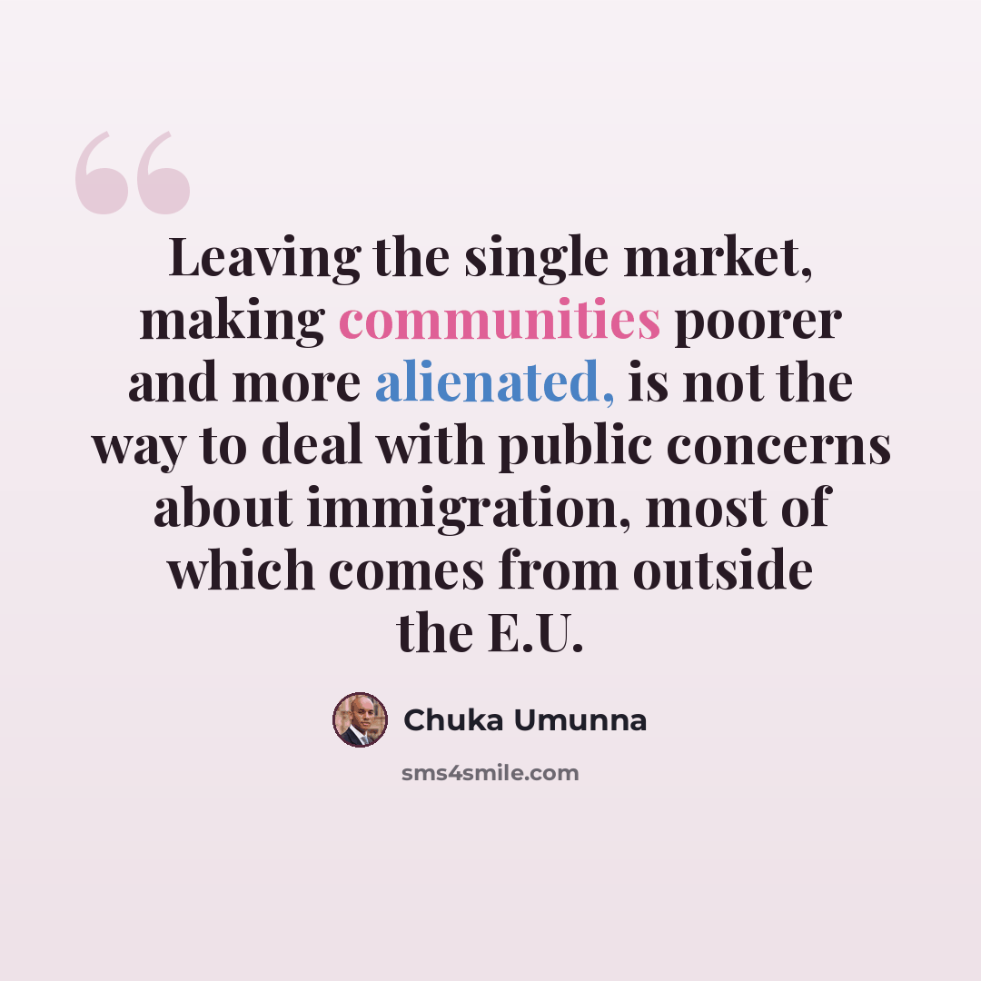 “Leaving the single market, making communities poorer and more alienated, is not the way to deal with public concerns about immigration, most of which comes from outside the E.U.” quote by Chuka Umunna
