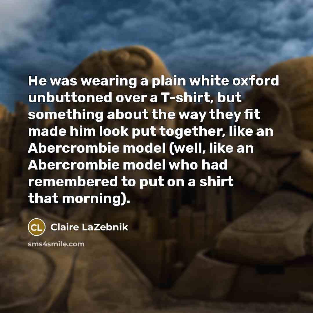“He was wearing a plain white oxford unbuttoned over a T-shirt, but something about the way they fit made him look put together, like an Abercrombie model (well, like an Abercrombie model who had remembered to put on a shirt that morning).” quote by Claire LaZebnik