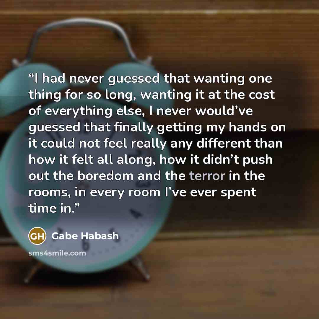 “I had never guessed that wanting one thing for so long, wanting it at the cost of everything else, I never would’ve guessed that finally getting my hands on it could not feel really any different than how it felt all along, how it didn’t push out the boredom and the terror in the rooms, in every…” quote by Gabe Habash