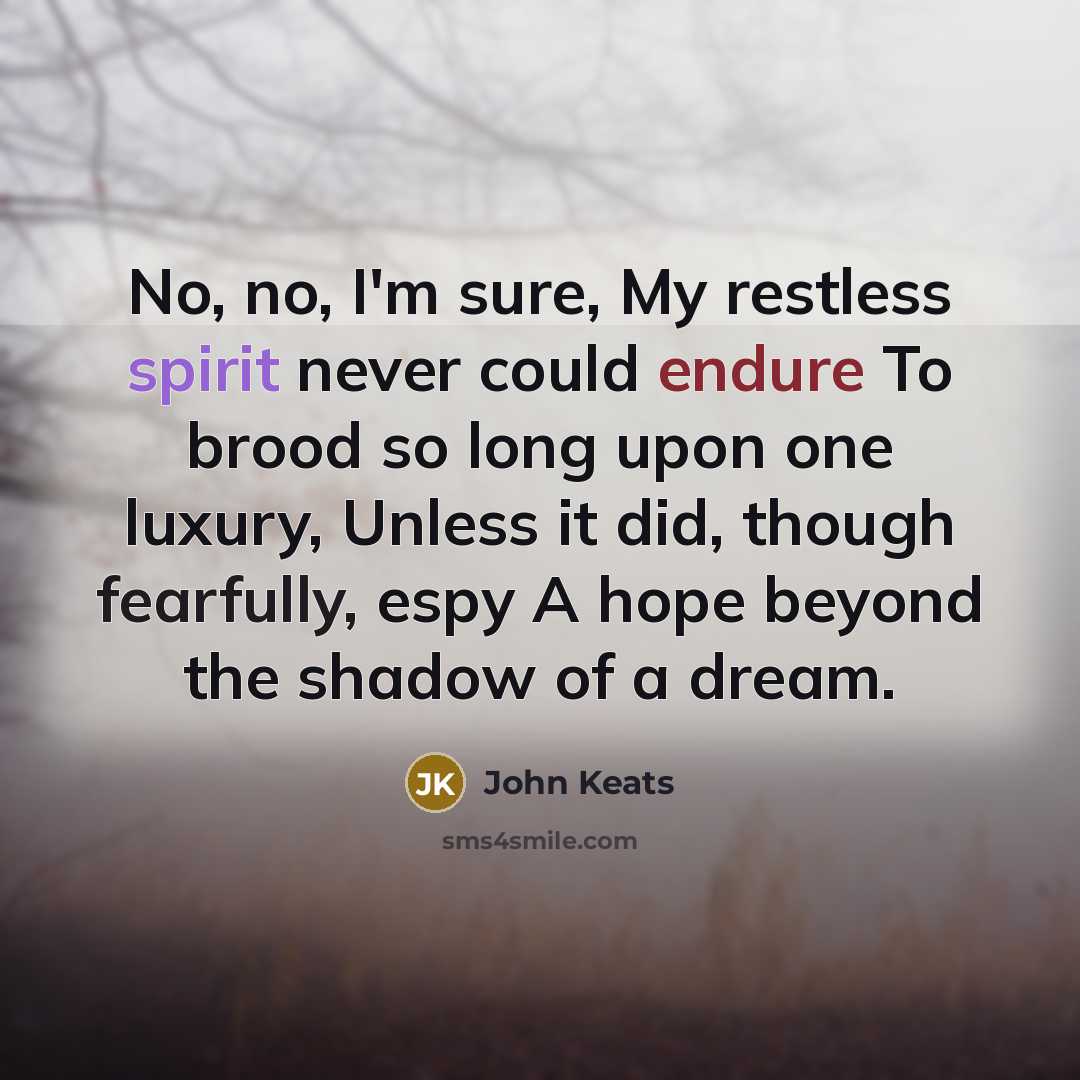 “No, no, I'm sure, My restless spirit never could endure To brood so long upon one luxury, Unless it did, though fearfully, espy A hope beyond the shadow of a dream.” quote by John Keats