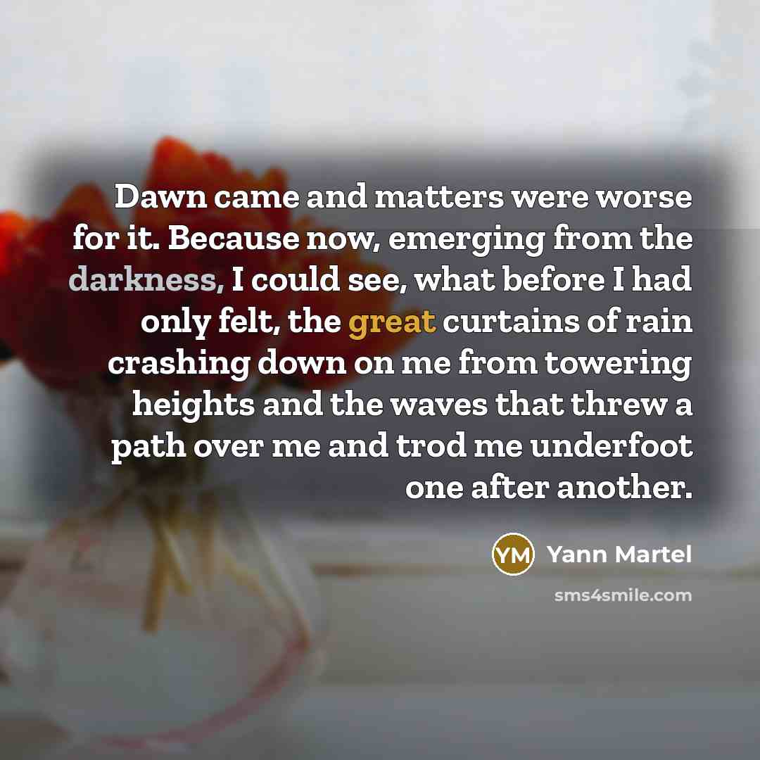 “Dawn came and matters were worse for it. Because now, emerging from the darkness, I could see, what before I had only felt, the great curtains of rain crashing down on me from towering heights and the waves that threw a path over me and trod me underfoot one after another.” quote by Yann Martel