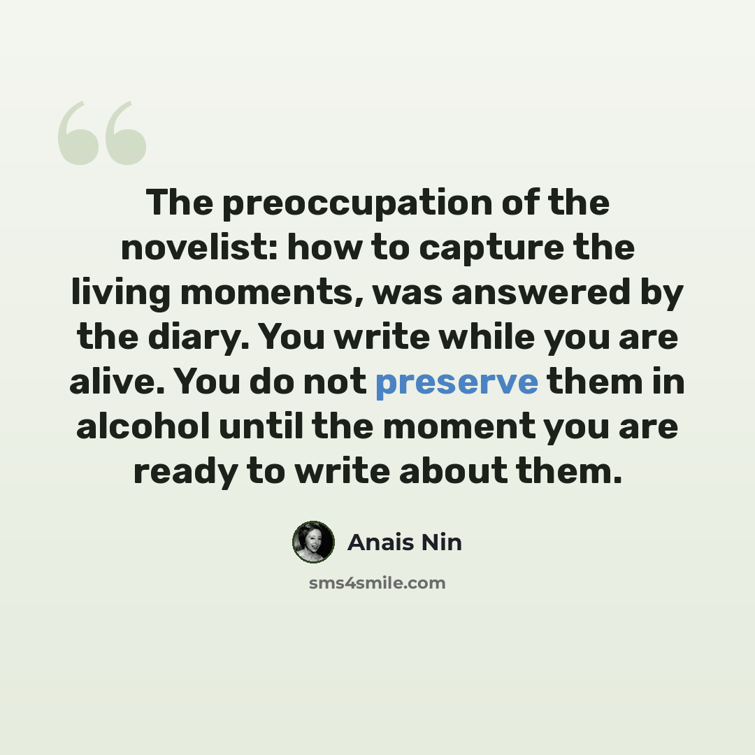 “The preoccupation of the novelist: how to capture the living moments, was answered by the diary. You write while you are alive. You do not preserve them in alcohol until the moment you are ready to write about them.” quote by Anais Nin