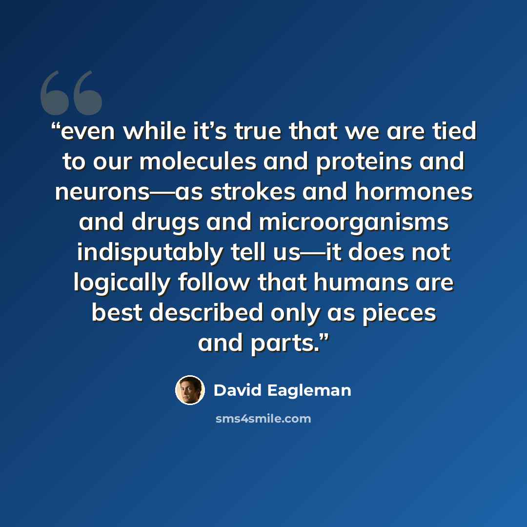 “even while it’s true that we are tied to our molecules and proteins and neurons—as strokes and hormones and drugs and microorganisms indisputably tell us—it does not logically follow that humans are best described only as pieces and parts.” quote by David Eagleman