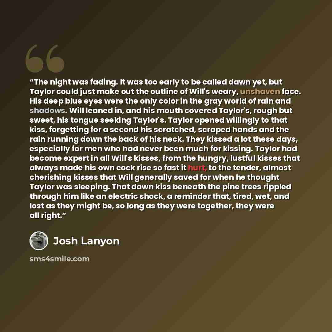 “The night was fading. It was too early to be called dawn yet, but Taylor could just make out the outline of Will's weary, unshaven face. His deep blue eyes were the only color in the gray world of rain and shadows. Will leaned in, and his mouth covered Taylor's, rough but sweet, his tongue seeking…” quote by Josh Lanyon