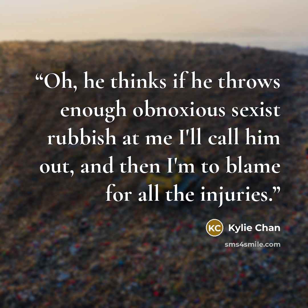 “Oh, he thinks if he throws enough obnoxious sexist rubbish at me I'll call him out, and then I'm to blame for all the injuries.” quote by Kylie Chan