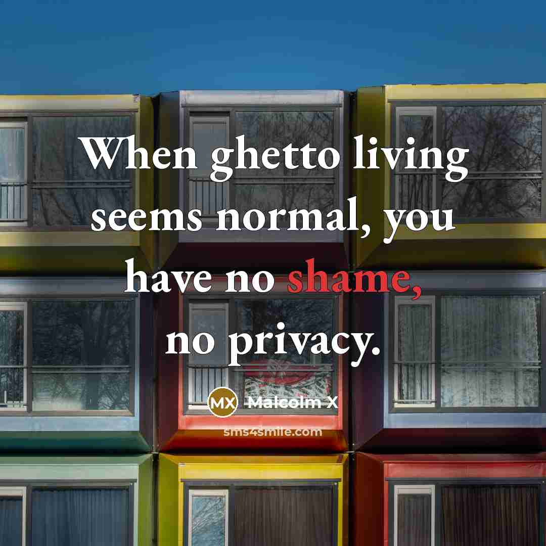 “When ghetto living seems normal, you have no shame, no privacy.” quote by Malcolm X
