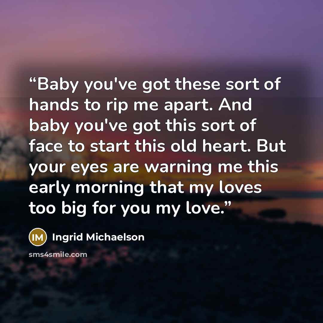 “Baby you've got these sort of hands to rip me apart. And baby you've got this sort of face to start this old heart. But your eyes are warning me this early morning that my loves too big for you my love.” quote by Ingrid Michaelson