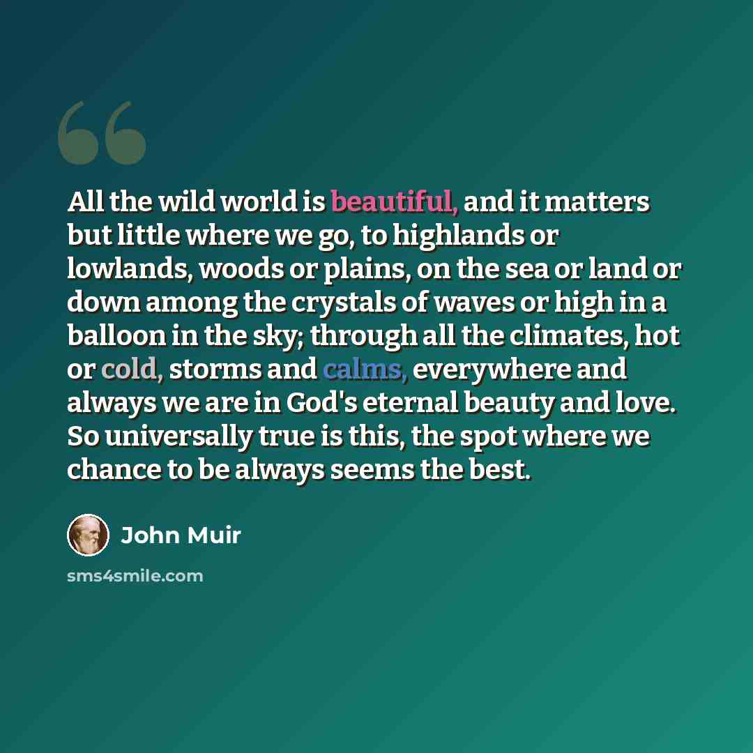 “All the wild world is beautiful, and it matters but little where we go, to highlands or lowlands, woods or plains, on the sea or land or down among the crystals of waves or high in a balloon in the sky; through all the climates, hot or cold, storms and calms, everywhere and always we are in God's…” quote by John Muir