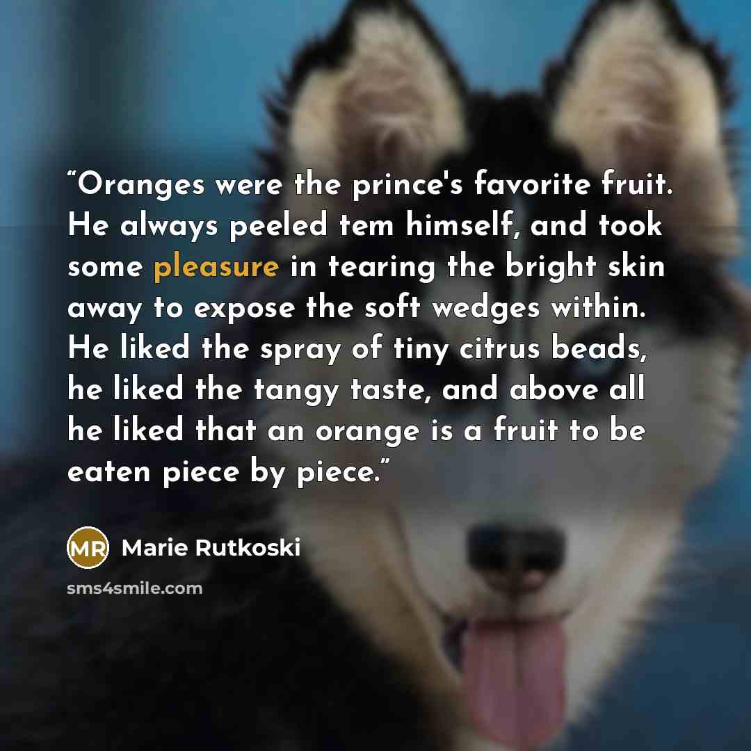 “Oranges were the prince's favorite fruit. He always peeled tem himself, and took some pleasure in tearing the bright skin away to expose the soft wedges within. He liked the spray of tiny citrus beads, he liked the tangy taste, and above all he liked that an orange is a fruit to be eaten piece by…” quote by Marie Rutkoski