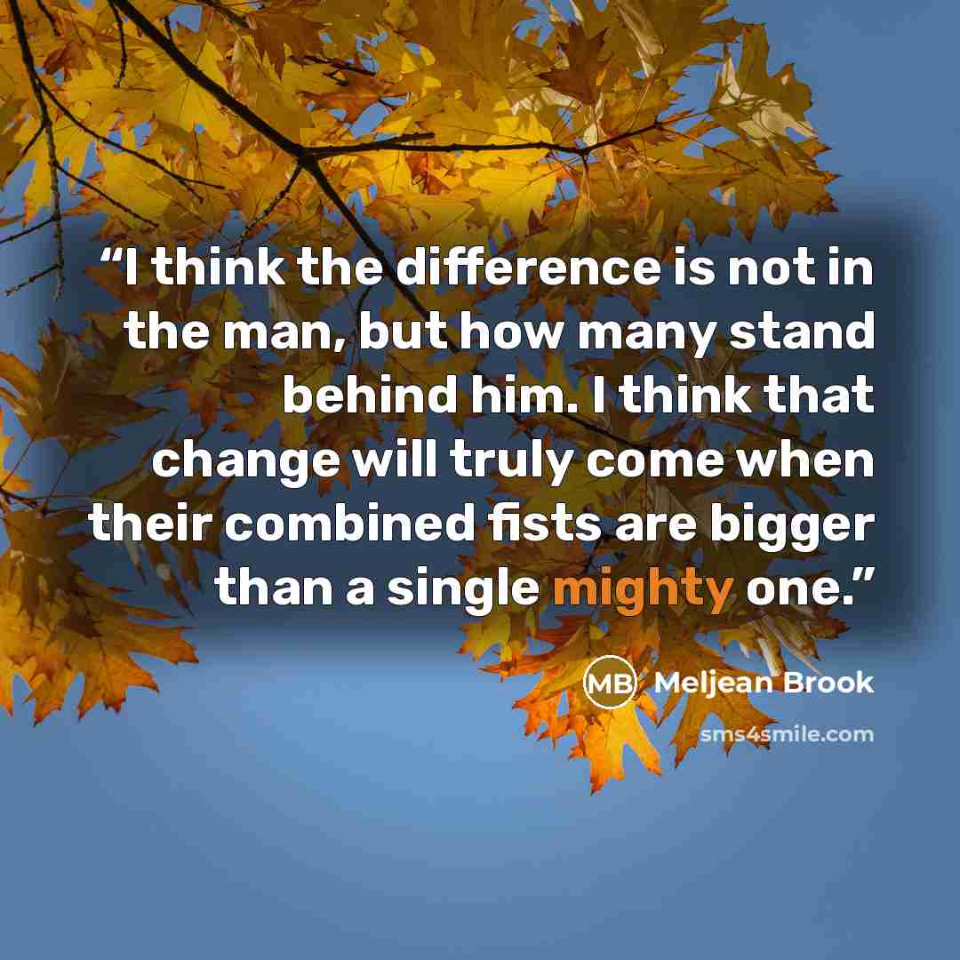 “I think the difference is not in the man, but how many stand behind him. I think that change will truly come when their combined fists are bigger than a single mighty one.” quote by Meljean Brook
