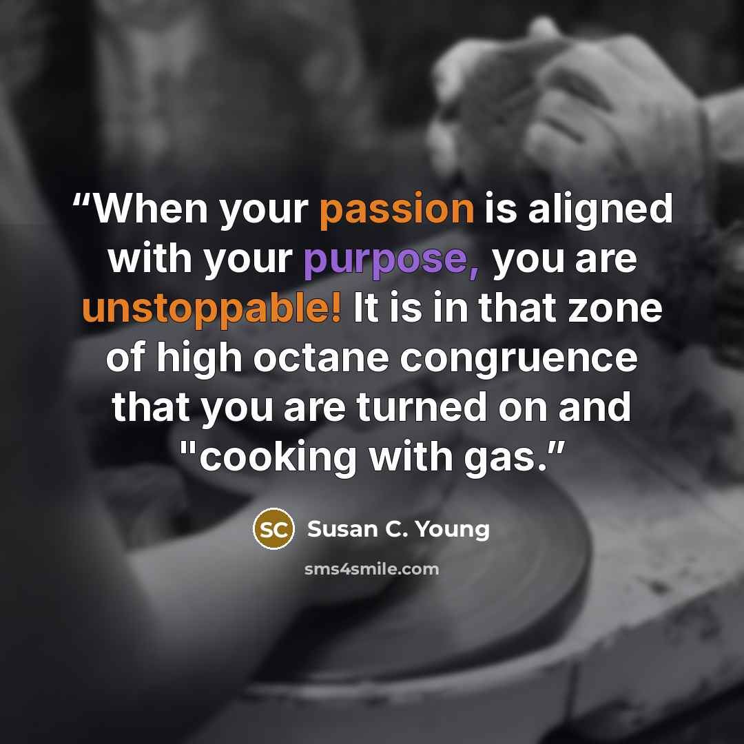 “When your passion is aligned with your purpose, you are unstoppable! It is in that zone of high octane congruence that you are turned on and "cooking with gas.” quote by Susan C. Young