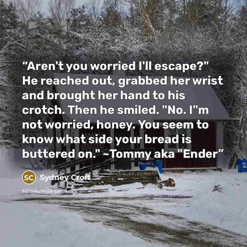“Aren't you worried I'll escape?" He reached out, grabbed her wrist and brought her hand to his crotch. Then he smiled. "No. I"m not worried, honey. You seem to know what side your bread is buttered on." ~Tommy aka "Ender” quote by Sydney Croft