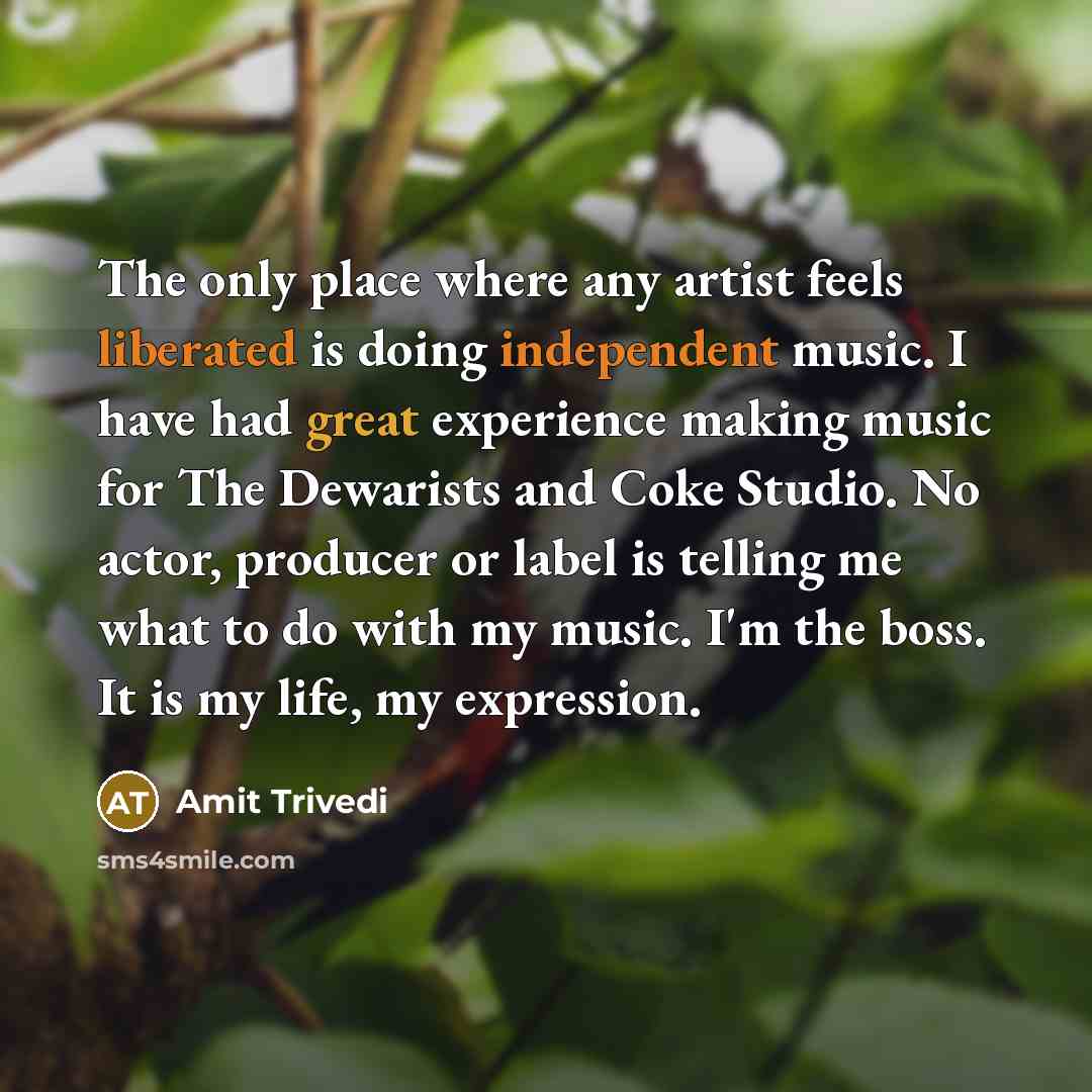 “The only place where any artist feels liberated is doing independent music. I have had great experience making music for The Dewarists and Coke Studio. No actor, producer or label is telling me what to do with my music. I'm the boss. It is my life, my expression.” quote by Amit Trivedi