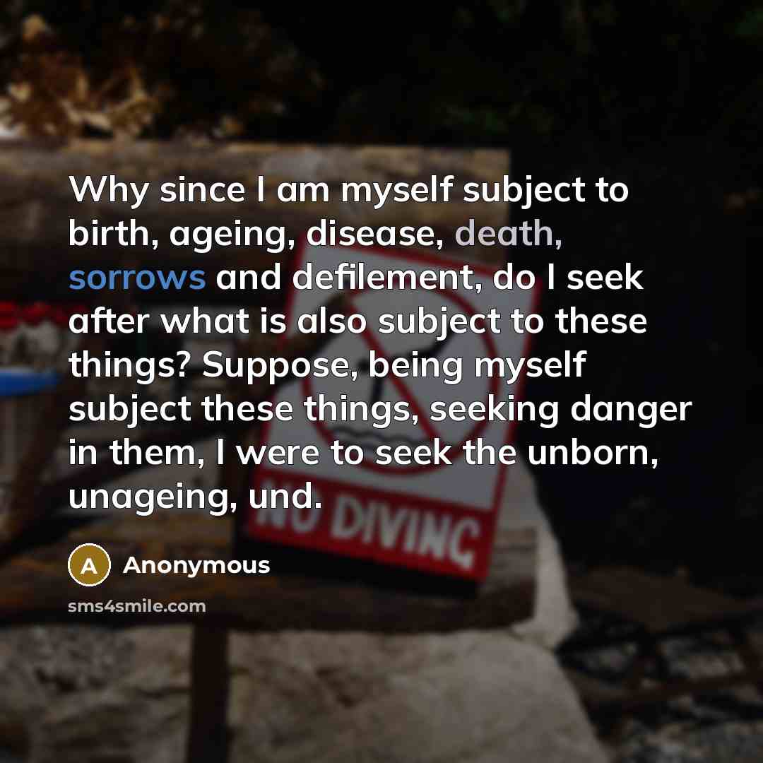 “Why since I am myself subject to birth, ageing, disease, death, sorrows and defilement, do I seek after what is also subject to these things? Suppose, being myself subject these things, seeking danger in them, I were to seek the unborn, unageing, und.” quote by Anonymous