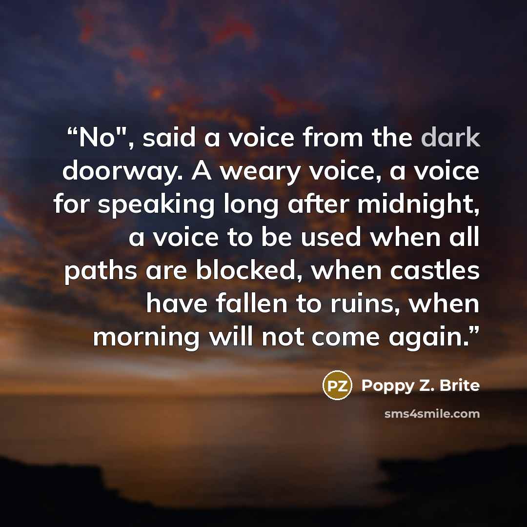 “No", said a voice from the dark doorway. A weary voice, a voice for speaking long after midnight, a voice to be used when all paths are blocked, when castles have fallen to ruins, when morning will not come again.” quote by Poppy Z. Brite