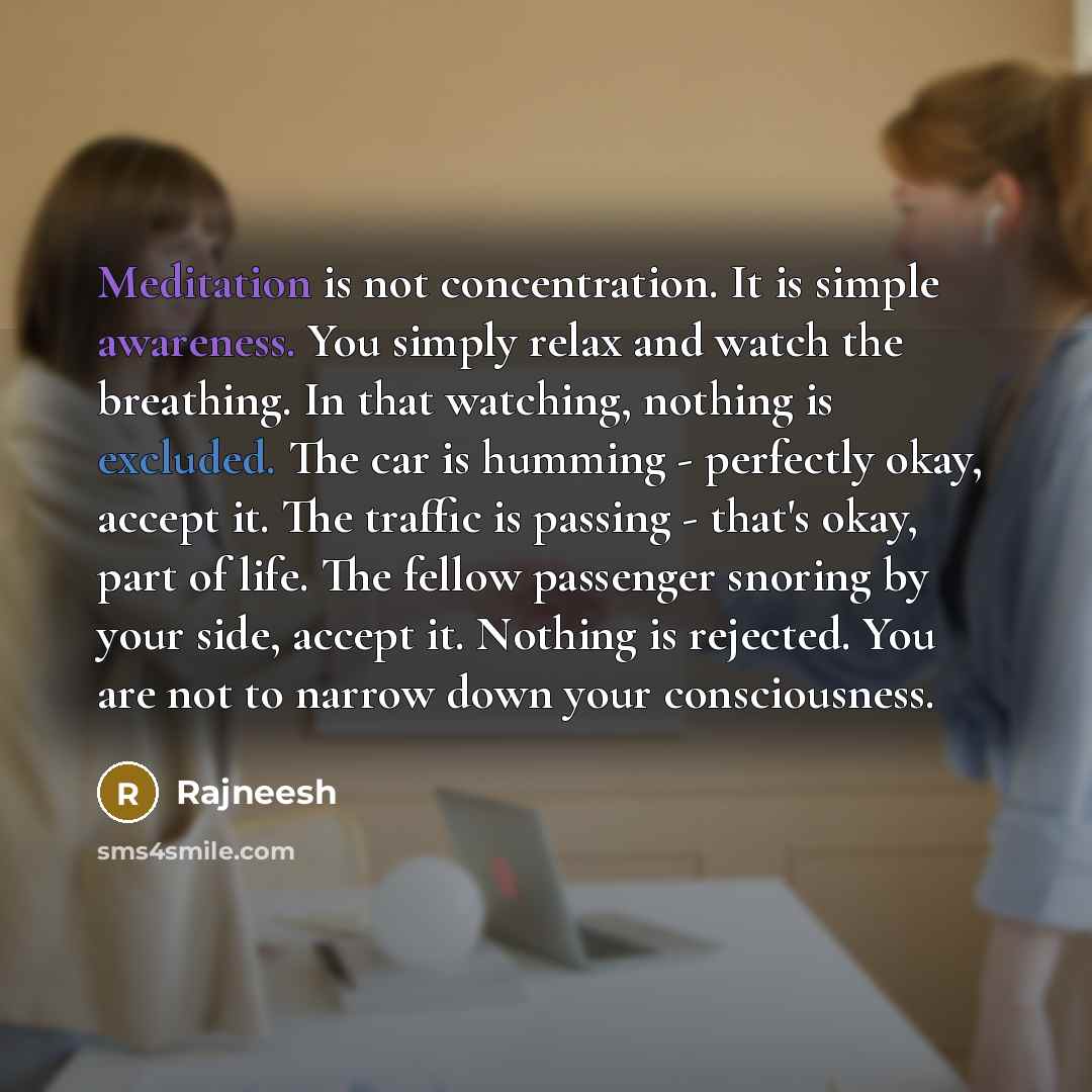 “Meditation is not concentration. It is simple awareness. You simply relax and watch the breathing. In that watching, nothing is excluded. The car is humming - perfectly okay, accept it. The traffic is passing - that's okay, part of life. The fellow passenger snoring by your side, accept it…” quote by Rajneesh
