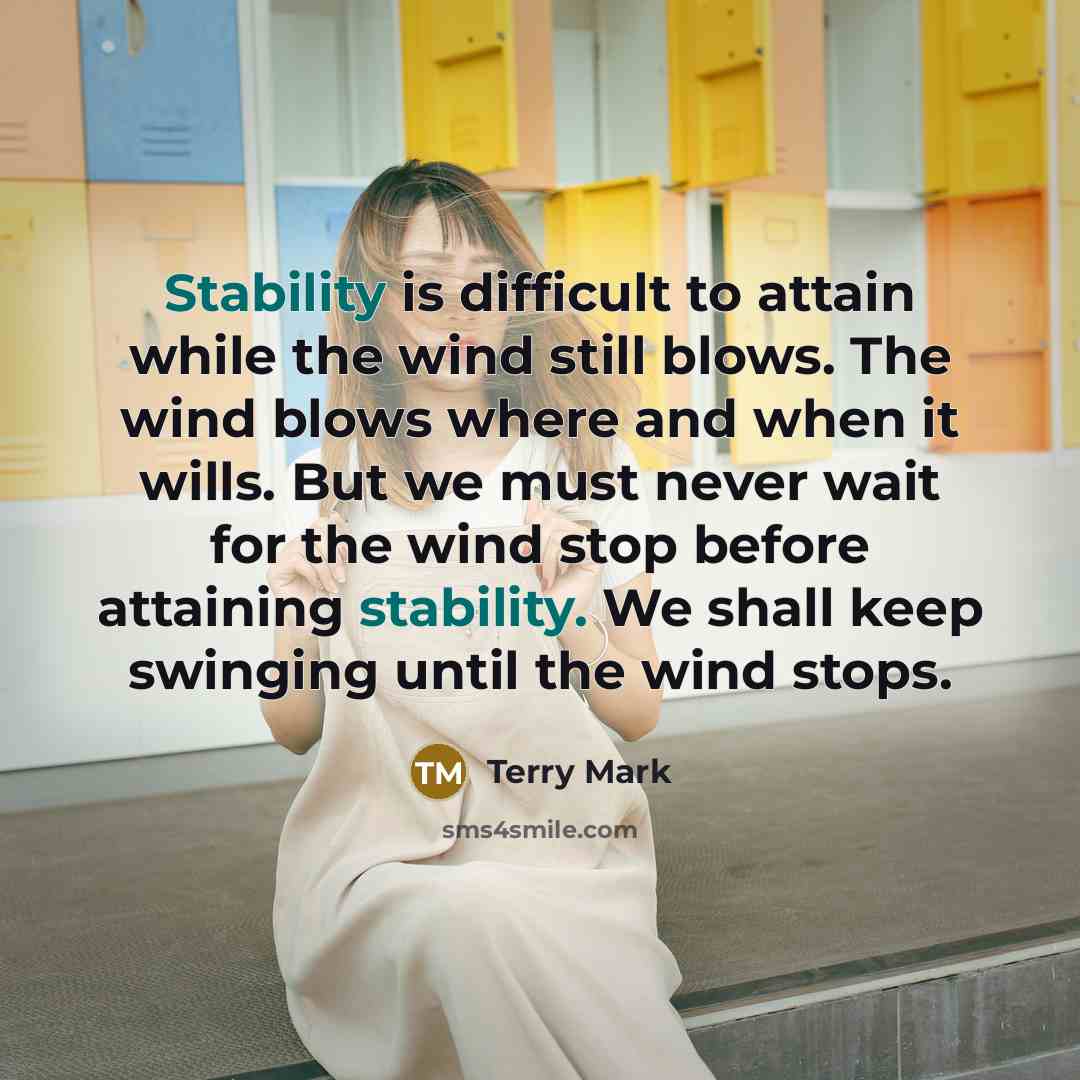“Stability is difficult to attain while the wind still blows. The wind blows where and when it wills. But we must never wait for the wind stop before attaining stability. We shall keep swinging until the wind stops.” quote by Terry Mark