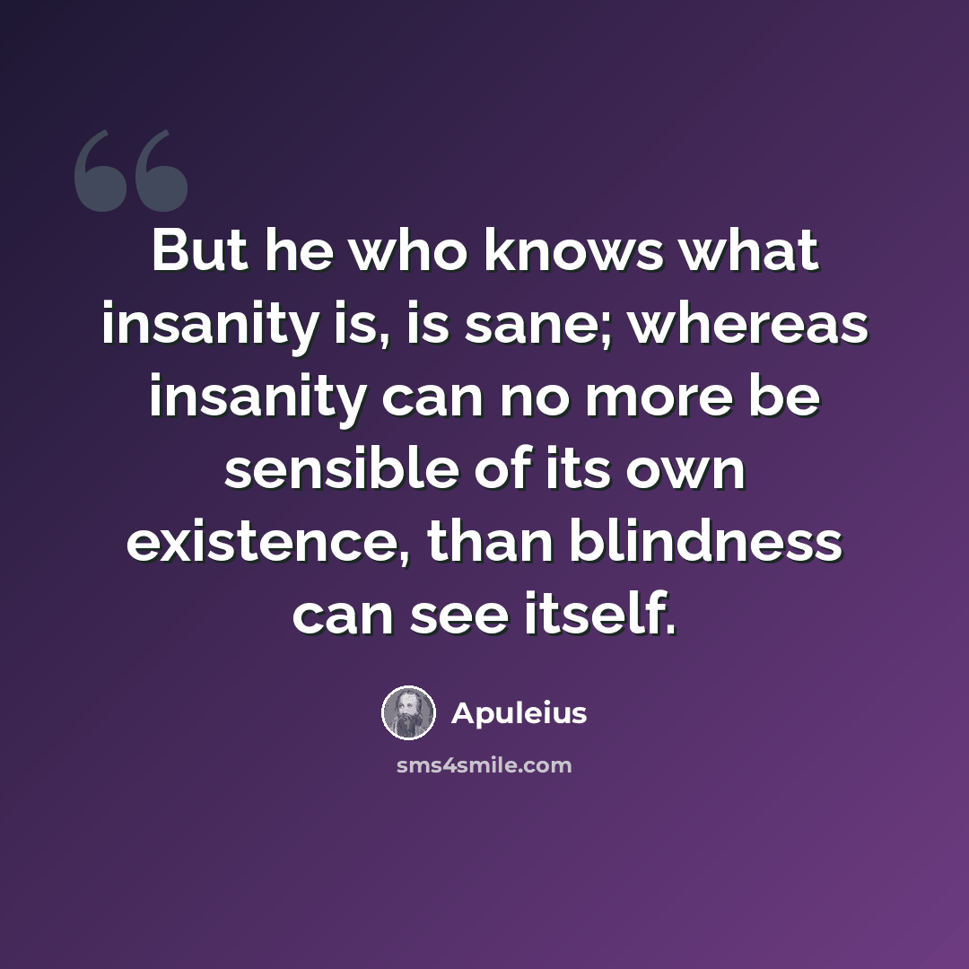 “But he who knows what insanity is, is sane; whereas insanity can no more be sensible of its own existence, than blindness can see itself.” quote by Apuleius